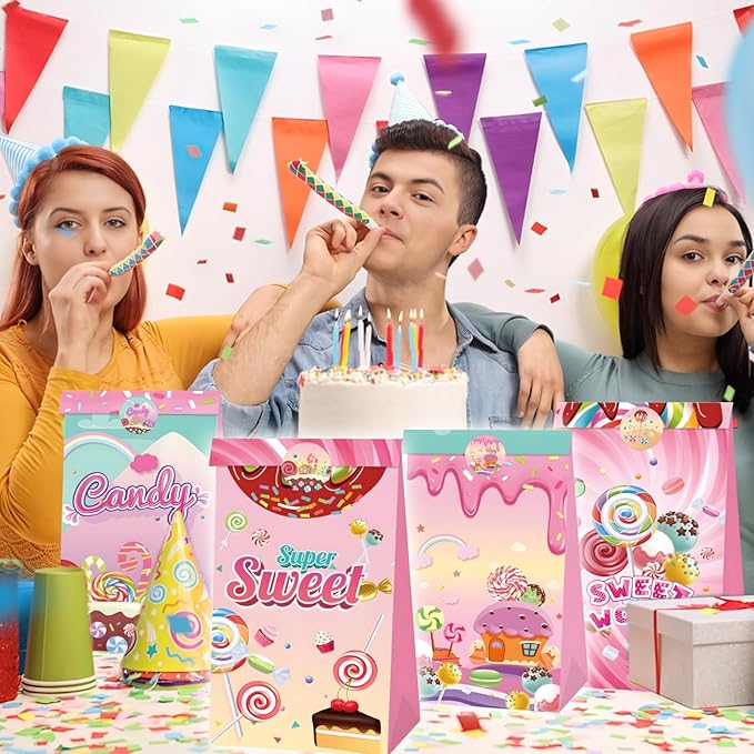 12Pcs Candy Sweet Land Goodie Bags with Stickers Lollipop Gift Bags Candyland Themed Party Favors Goody Treat Bag for Birthday,Baby Shower,Weddings,Guraduations Candy Shop Theme Party Supplies Decor