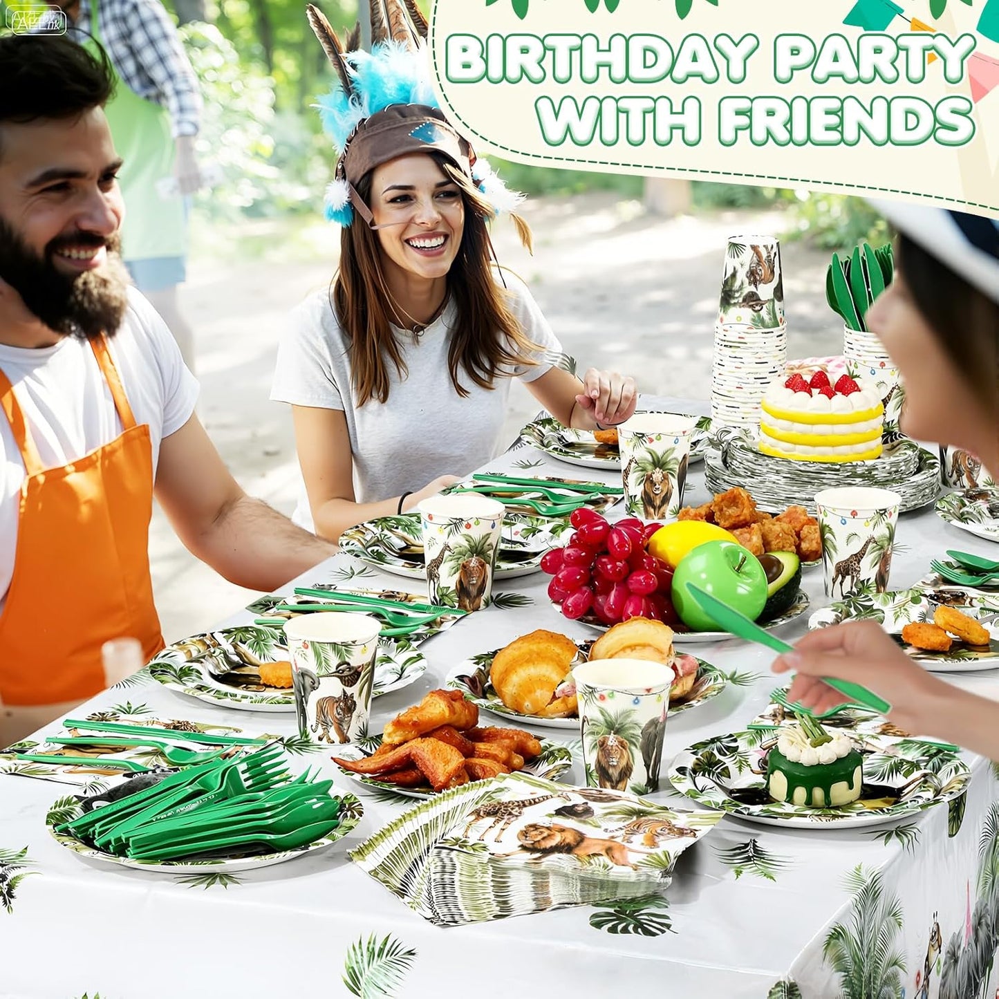 452 Pcs Wild Animals Birthday Party Decorations for 50, Jungle Themed Paper Plates Napkins Cups Tablecloth Cutlery Straws Safari Zoo Tableware Set for Baby Shower Gender Reveal Party Supplies