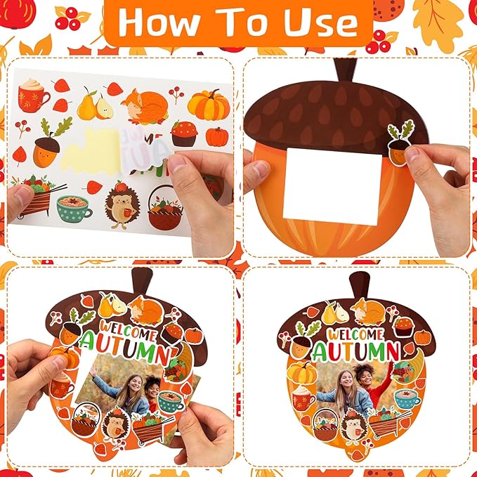 Jetec 48 Packs Thanksgiving Picture Frame Craft Kits Fall DIY Photo Frame with Stickers Make Your Own Picture Craft for Thanksgiving Autumn Home Classroom Decor