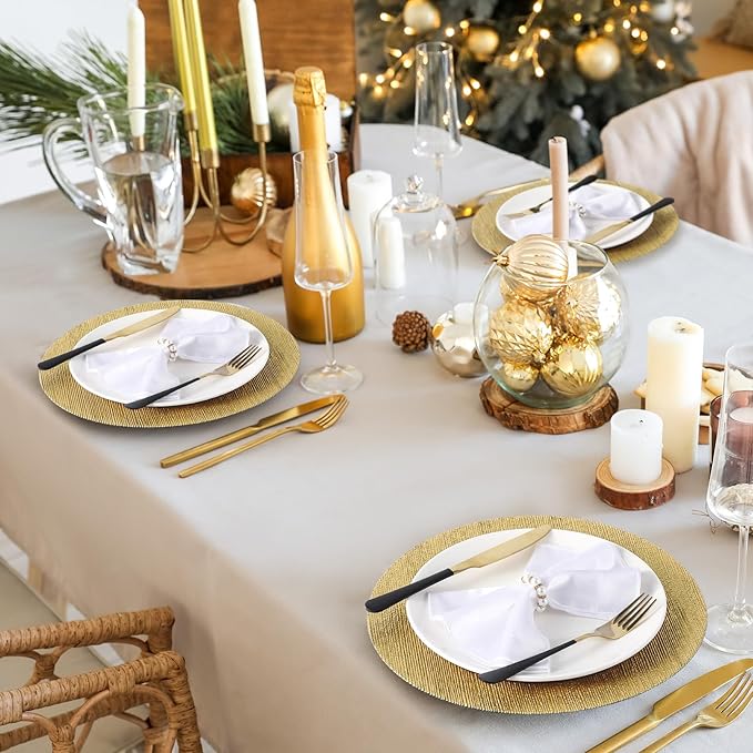 Tanlade 30 Pcs Charger Plates Bulk 13 Inch Plastic Texture Strip Wedding Chargers Floral Decorative Plates with Metallic Ruffled Rim for Wedding Party, Holiday Event Supplies(Gold)