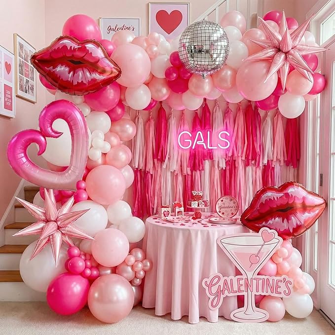 Hot Pink Balloon Garland Arch Kit 137 Pcs Pastel Pink White with Shape Lips Star Heart 4d Disco foil Balloons for Girls Birthday Engagement Galentines Valentine's Day Decorations