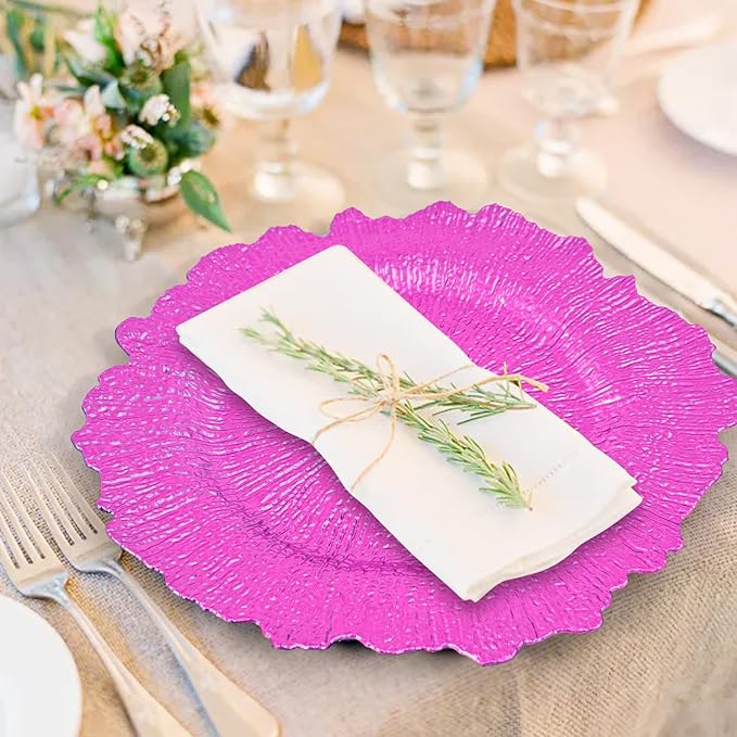 24 Pcs Hot Pink Charger Plates Bulk 13 Inch Plastic Charger Plates for Dinner Plate, Hot Pink Chargers for Table Setting, Reef Design Plate Floral Decorative Round Chargers for Wedding Party Event