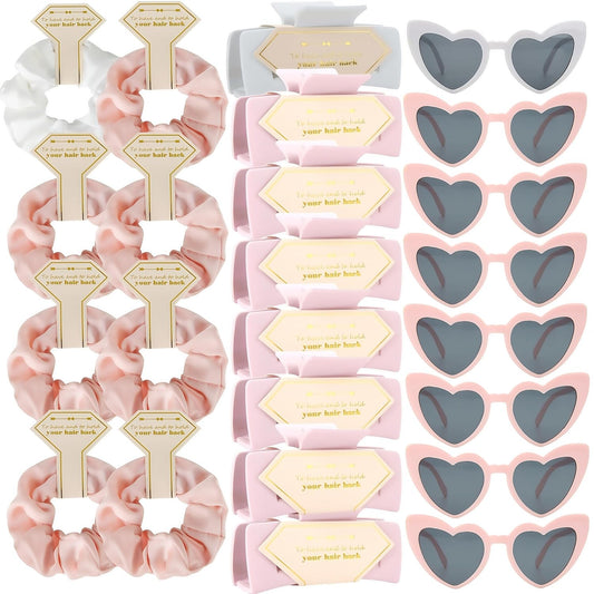 Bridesmaid Scrunchies Proposal Gifts Bachelorette Hair Claws Clips Girls heart sunglasses for Wedding Party Favors (White&Pink)