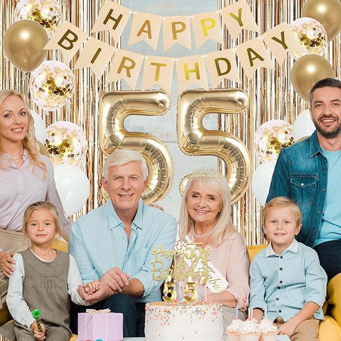 Trgowaul 55th Birthday Decorations for Women, Banner, Sash and Crown, Cake Topper, 55 Number Balloon, Fringe Curtains, Champagne Gold 55th Birthday Party Supplies