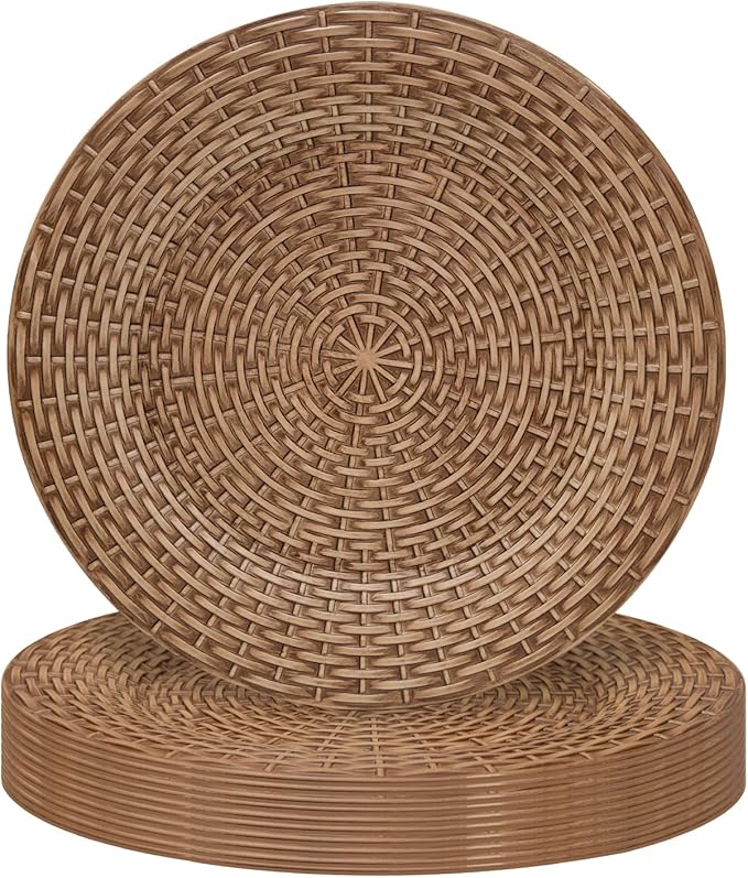 MAONAME Faux Rattan Charger Plates Set of 12, Table Chargers for Dinner Plates, 13" Round Brown Plate Chargers, Plastic Charger for Table Setting, Wedding Decor