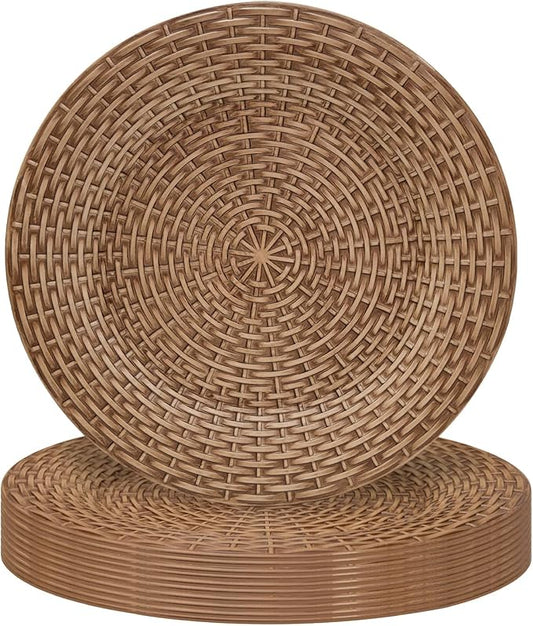 MAONAME Faux Rattan Charger Plates Set of 12, Table Chargers for Dinner Plates, 13" Round Brown Plate Chargers, Plastic Charger for Table Setting, Wedding Decor