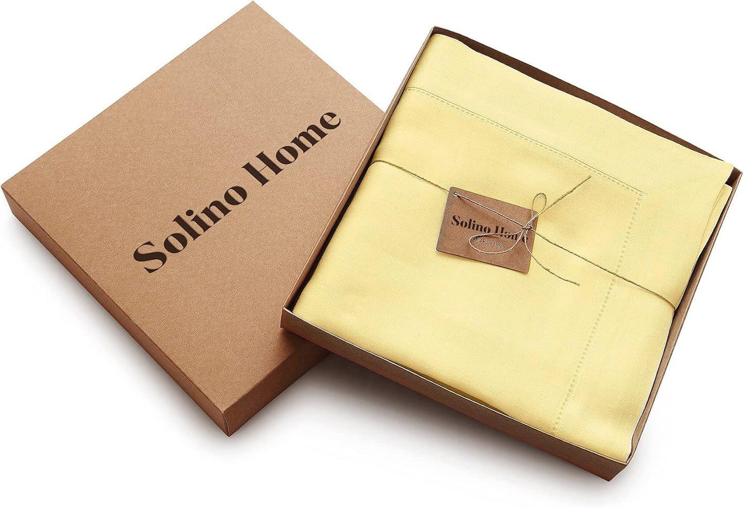 Solino Home Linen Tablecloth for Rectangle Tables 60 x 108 Inch - Classic Hemstitch 100% Pure Linen Yellow Table Cloth - Machine Washable Cloth Tablecloth