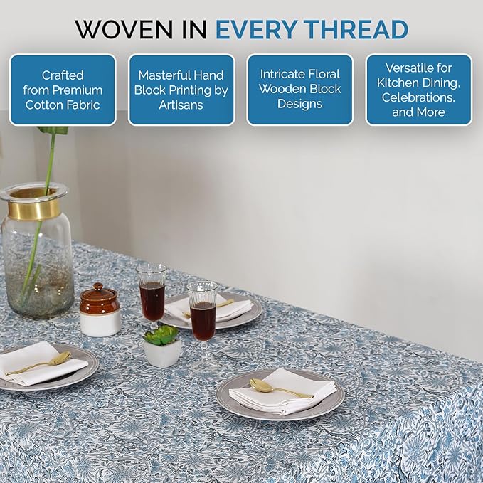 Labhanshi Indian Handblock Print Rectangular Cotton Floral 72x135 Inch 10-Seater Table Cloth|French Ethnic Spring Easter Festive Decor |Bridal Party Indoor & Outdoor Table Cover |Blue Butterfly