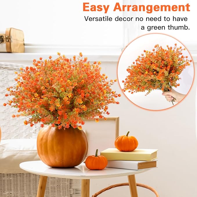 12 Bundles Faux Mums for Fall Decor, UV Resistant Fall Flowers Artificial for Decoration Fake Mums for Thanksgiving Halloween Autumn Indoor Outdoor Garden Porch Window Wedding Cemetery(Fall Orange)