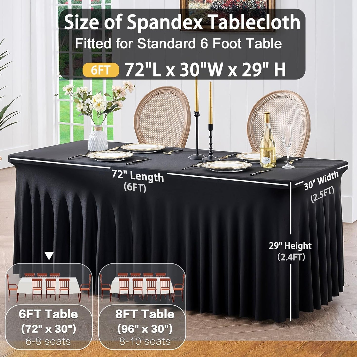 6 Pack Spandex Black Table Clothes for 6 Foot Rectangle Tables, Wrinkle Free Table Cloth Fitted Tablecover Stretchy Tablecloths with Skirt for Parties Wedding Banquet
