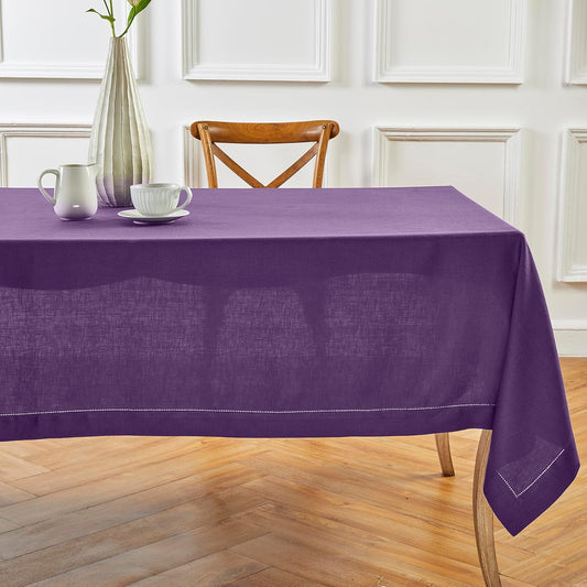 Solino Home Linen Tablecloth for Rectangle Tables 60 x 90 Inch - Classic Hemstitch 100% Pure Linen Purple Table Cloth - Machine Washable Cloth Tablecloth for Fall, Autumn, Halloween, Thanksgiving