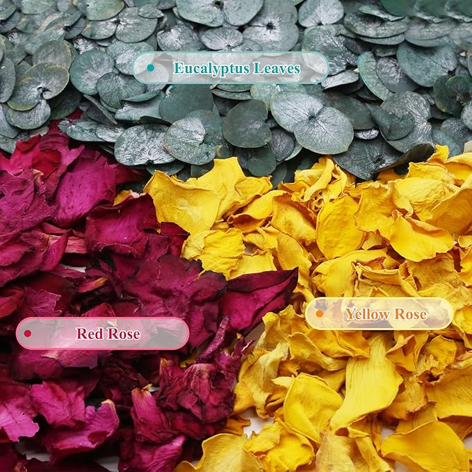 2 QT Mix Biodegradable Flower Petals Confetti, 20+ Cups of Dried Roses & Eucalyptus Leaves, Real Petals for Wedding Parties Romantic Gifts, Flower Bridal (2QT)