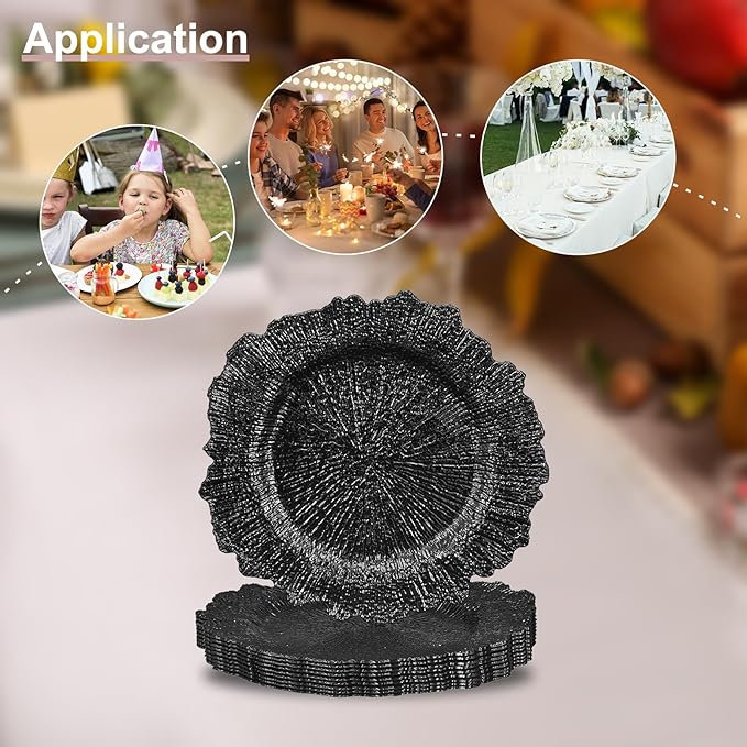 uxcell 10pcs Reef Charger Plates Bulk, 13 Inch Plastic Floral Charger Plates, Round Plate Chargers for Dinner Wedding Party Event Table Setting Decoration Black