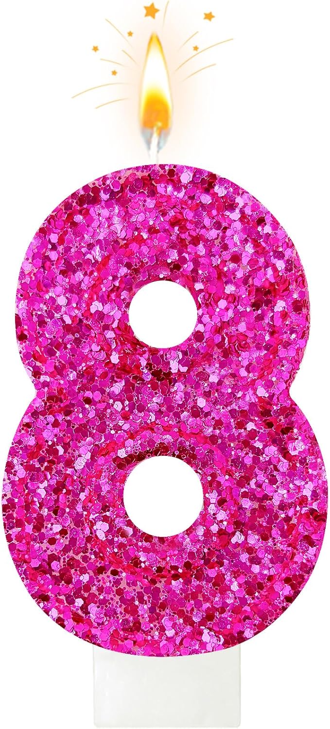 Zailo Birthday Number Candles, Glitter Number Candle Cake Decorations with Sequins, Cupcake Decorations for Girls, Women, Party Anniversary Celebrations (Number 8, Bright red)