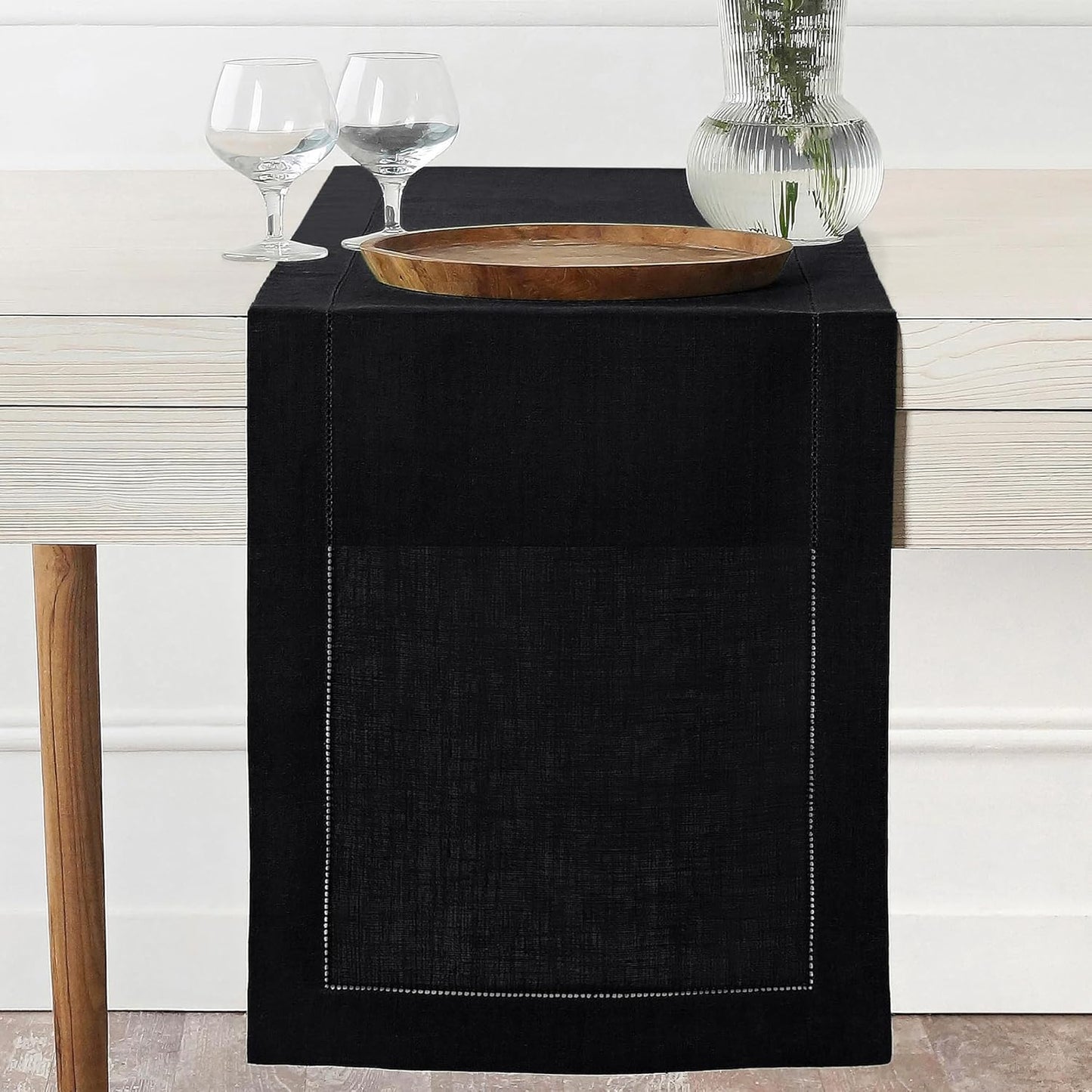 D'Moksha Homes Linen Black Table Runner 108 Inches Long - 100% Pure Linen 14 x 108 Inch Table Runner for Fall, Autumn and Halloween - Classic Hemstitch