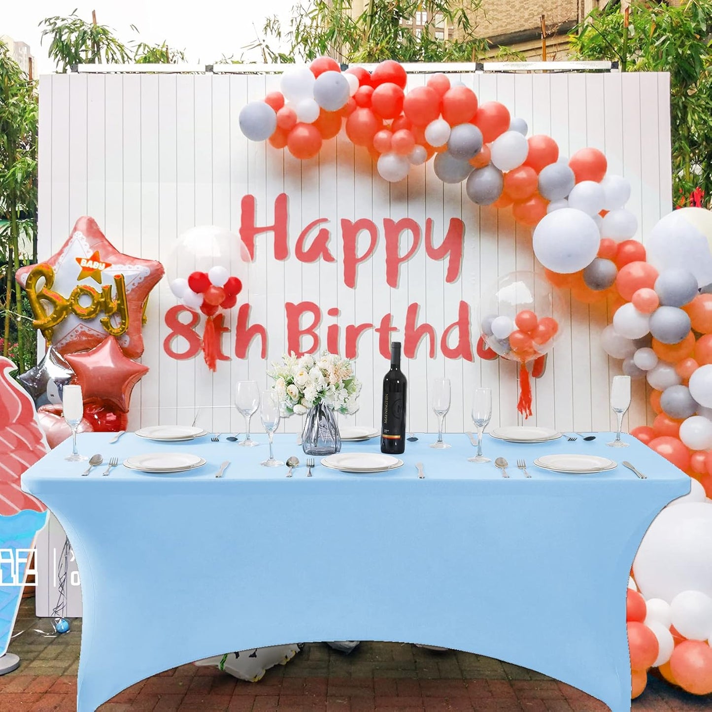 SuperO 2Pack Waterproof Spandex Table Cover for 8FT Table Universal Fitted Stretch Tablecloth for Party, Banquet, Wedding and Events-Blue Mist
