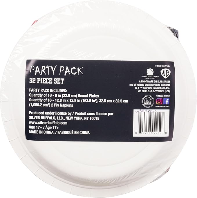 Silver Buffalo A Nightmare on Elm Street Featuring Freddy Krueger Never Sleep Again 32 Pack Partyware Disposable Paper Plates and Napkins
