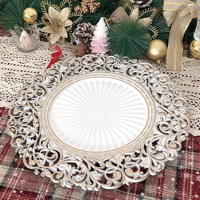 13inch Round Plastic Charger Plates,Set of 8,Charger Plates for Dinner,Wedding,Party,Event Decoration. (White gold edge) …