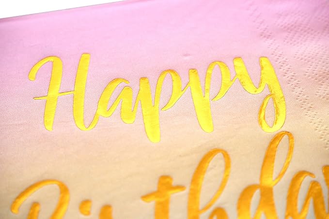 Happy Birthday Napkins - 50 Pack Pastel Metallic Birthday Disposable Paper Napkins with Gold Foil Printing on Pink Yellow Blue Ombre Gradient for Cocktail Party Supplies - 6.5" x 6.5" inches