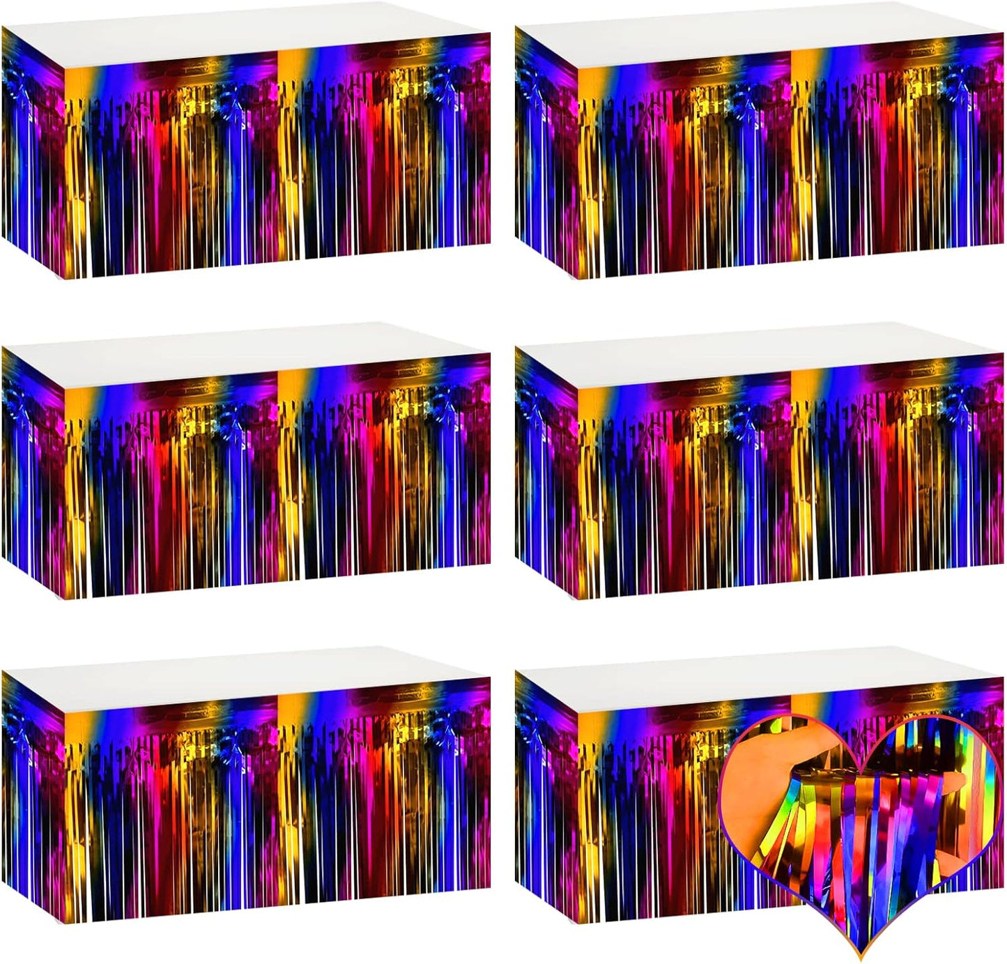 6 Pack 29x108 Inch Rainbow Metallic Foil Fringe Table Skirts Banner for Tinsel Streamer Garland Curtains Backdrop for Parade Floats Wedding Baby Shower Birthday Christmas Halloween Party Decoration