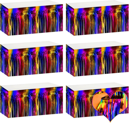 6 Pack 29x108 Inch Rainbow Metallic Foil Fringe Table Skirts Banner for Tinsel Streamer Garland Curtains Backdrop for Parade Floats Wedding Baby Shower Birthday Christmas Halloween Party Decoration