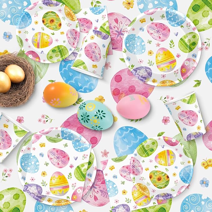 102 Pcs Easter Party Decorations Set - Spring Watercolor Eggs Paper Plates and Napkins Kit, Includes Happy Easter Banner, Plates, Napkins, Cups, Plastic Tablecloth for Easters Supplies Table Decor