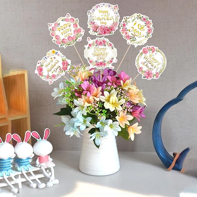 18 PCS Happy Mother's Day Centerpiece Sticks Double Sided Love Mother Best Mom Table Centerpieces for Happy Mother's Day Theme Table Flower Decorations Women Birthday Party Centerpieces Supplies