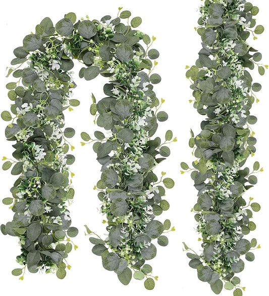 N&T NIETING 2 Pack Artificial Eucalyptus Garland with Flowers, Faux Greenery Garland Decor 6FT Eucalyptus Vines, Fake Hanging Vines Summer Garlands for Mantle Wedding Backdrop Easter Decorations