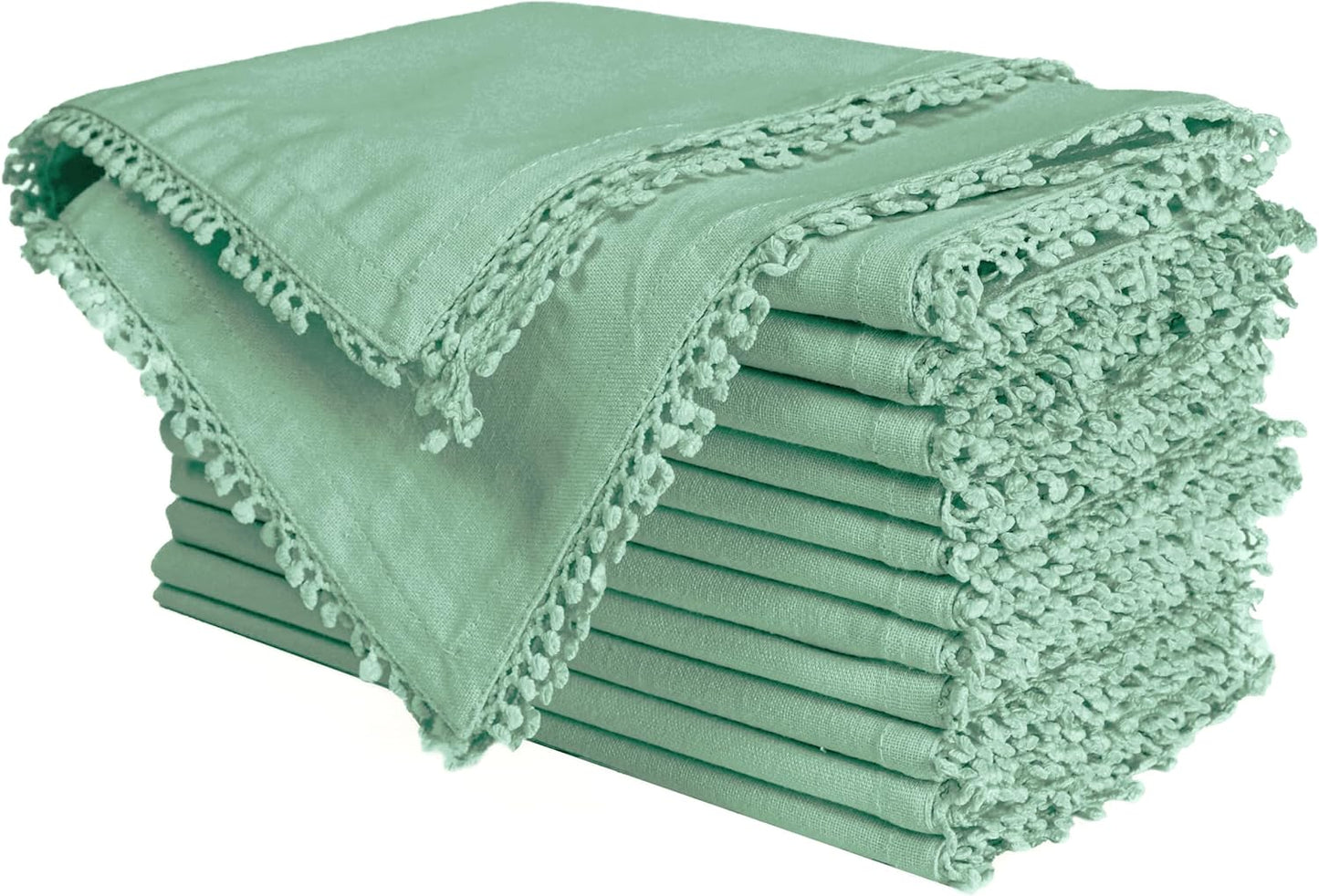 Bedding Craft Cotton Cloth Dinner Napkins Set of 12 – 18x18 Bird Egg Gray Sea Green with Decorative Lace Selvedge, Reusable Machine Washable Fabric Napkins for Weddings, Parties & Dining
