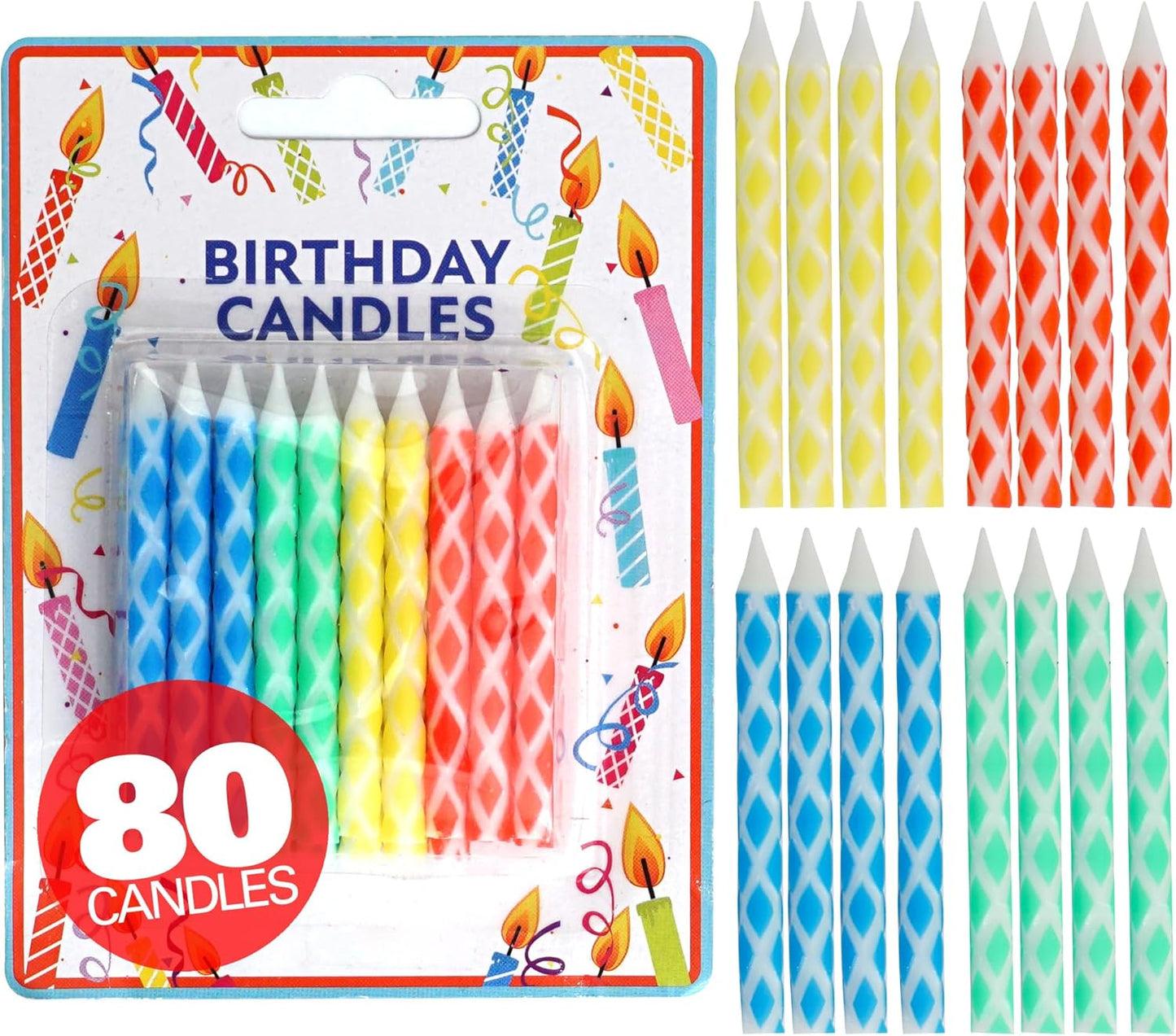 Birthday Candles Multicolored Diamond 80-Count, Birthday Candles for Cake, Cupcake Candles, Party Celebration