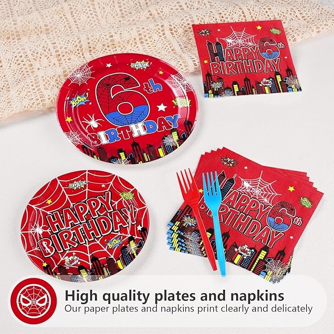 Grencian 96Pcs Halloween Cartoon Spider Birthday Party Decorations Red Blue Spider Birthday Party Plates Disposable Super Theme Paper Tableware Set for Spider Decorations Serves 24