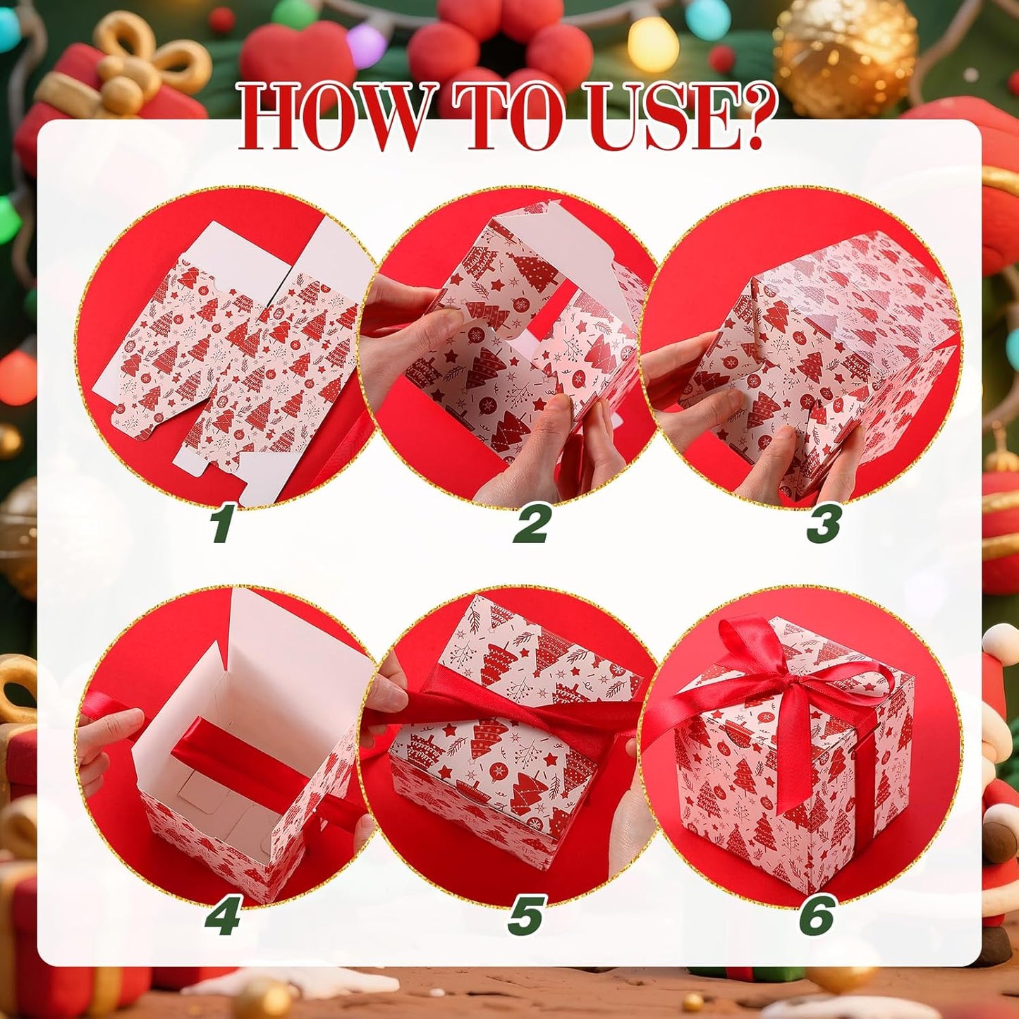 Dispowreath 48 Pcs 4x4x4 Christmas Gift Boxes with Ribbon Xmas Small Box with Lids Treat Boxes for Gift Wrapping Ornaments Wedding Holiday Birthday Party Favor(Tree)