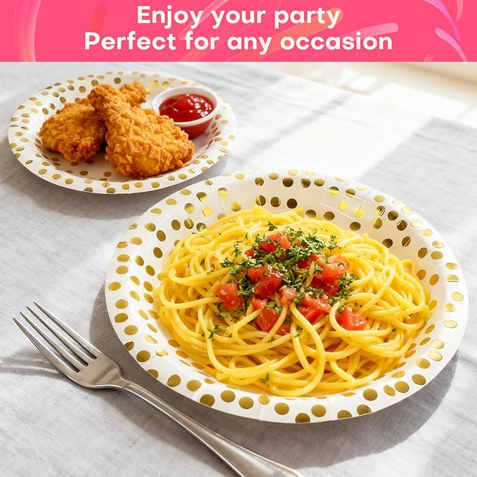 Disposable Plates for Party 50 Sets, Holiday Paper Plates, Heavy Duty Golden Dot White Paper Plates Napkins Cups for Baby Shower Birthday Wedding