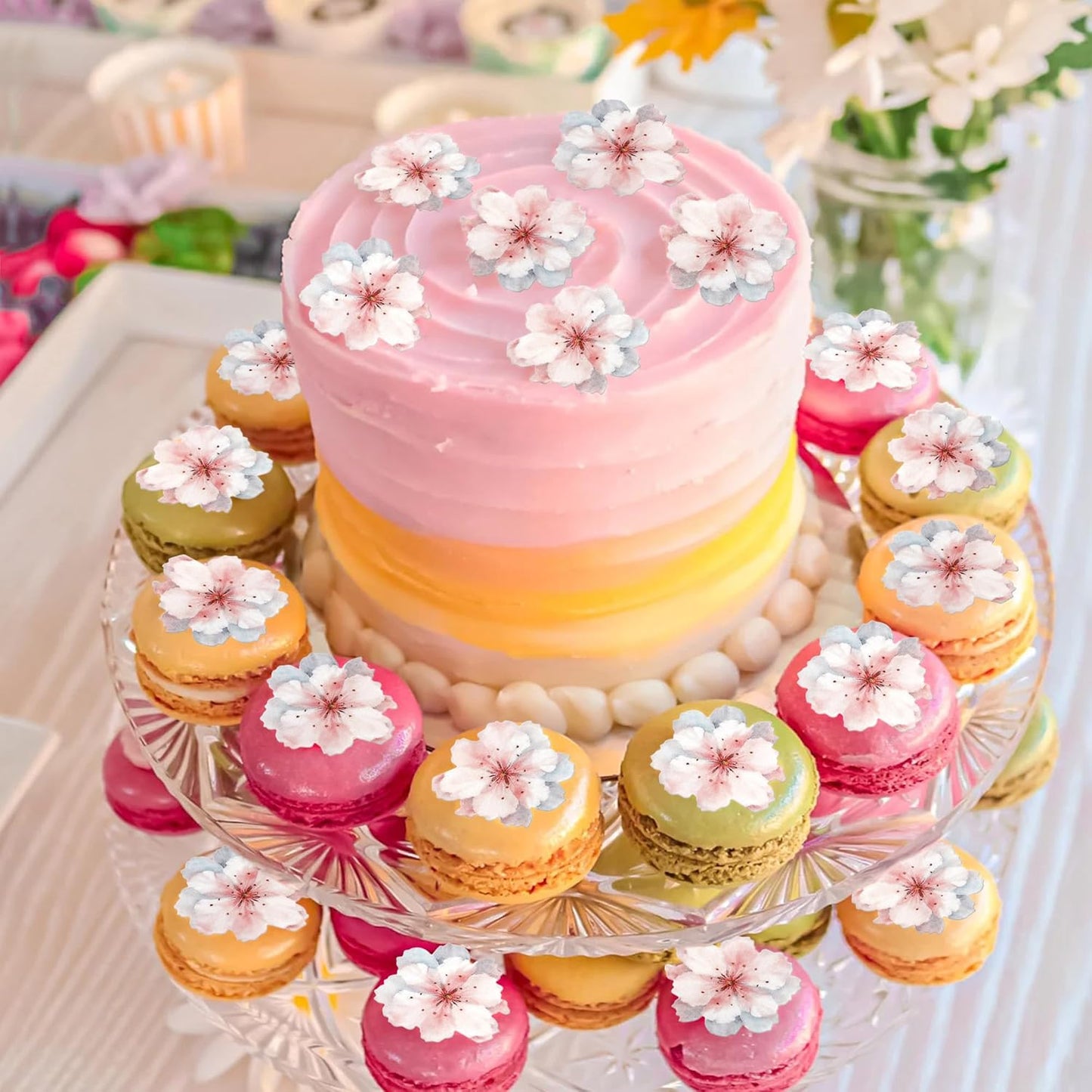 40 PCS Edible Cherry Blossoms Cake Decorations Edible Cherry Blossoms Cupcake Toppers Wafer Paper Flowers Cake Toppers for Baby Shower Kids Birthday Party Cake Food Decorations Supplies Pink