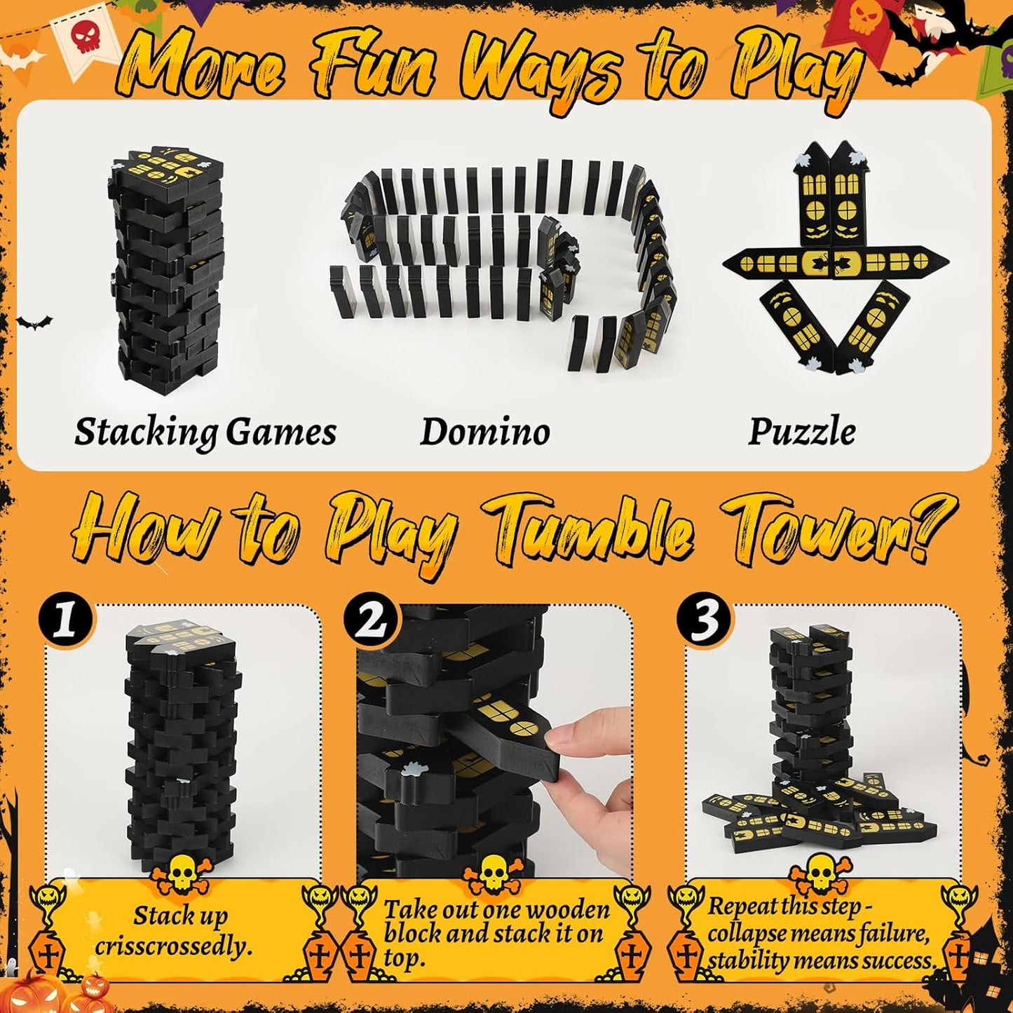 Halloween Wooden Blocks Stacking Games, Haunted Castle Theme Tumbling Tower and Balance Game for Adults, Kids, and Family Party, Stacking Board Toy with Storage Bag, Halloween Party Activities Gifts