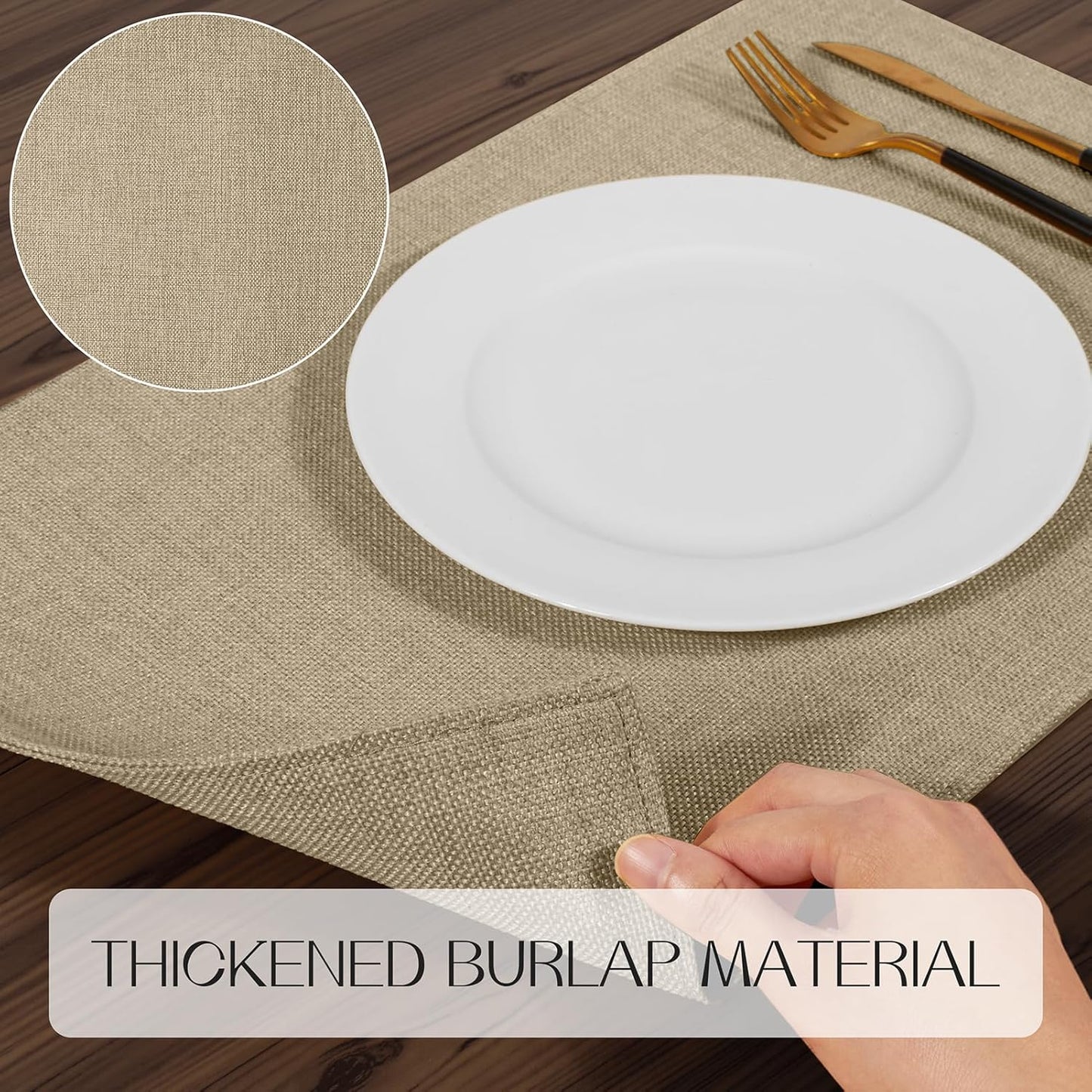 Romanstile Cloth Placemats Set of 8-12 x 18 Inch, Heat Resistant Double Layered Thickened Burlap Place Mats, Washable Faux Linen Farmhouse Table Mats for Kitchen/Dining/Party/Outdoor, Khaki
