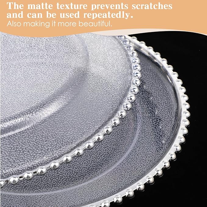 Hoolerry 12 Pack Clear Charger Plates Bulk 13 Inch Plastic Round Beaded Dinner Chargers Acrylic Frosted Grain Decorative Service Plates for Wedding Party Event, Home and Kitchen Tabletop (Silver)