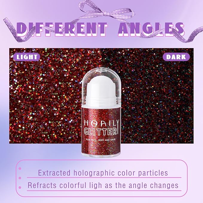 HOSAILY Roll-on Red Body Glitter Gel for Face Hair, Christmas Holographic Face Paint Glitter Mermaid Makeup, Sparkling Chunky Sequins Festival Party Rave Accessories Shimmer Makeup