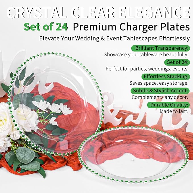 24 Pack Clear Charger Plates Bulk Wedding, 13 Inch Plastic Round Dinner Chargers with Green Beaded Rim, Acrylic Round Decorative Plates for Wedding Party Home and Tabletop Decor (Green)
