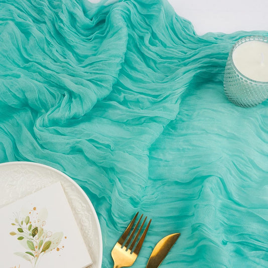 FEXIA Sky Blue Table Runner 35x120 Inches for Baby Shower Decoration Gauze Rustic Table Runner for Wedding Party First Communion Centerpiece Engagement Bridal Shower Boho Decoration