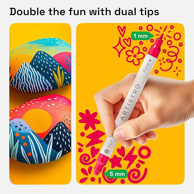ARTISTRO 72 Acrylic Paint Markers for Rock, Fabric, Wood, Glass, Decoration - Dual-Tip Paint Pens for Coloring Books for Adults, Teens, Kids - Art and Craft Supplies Kit - Gift Idea