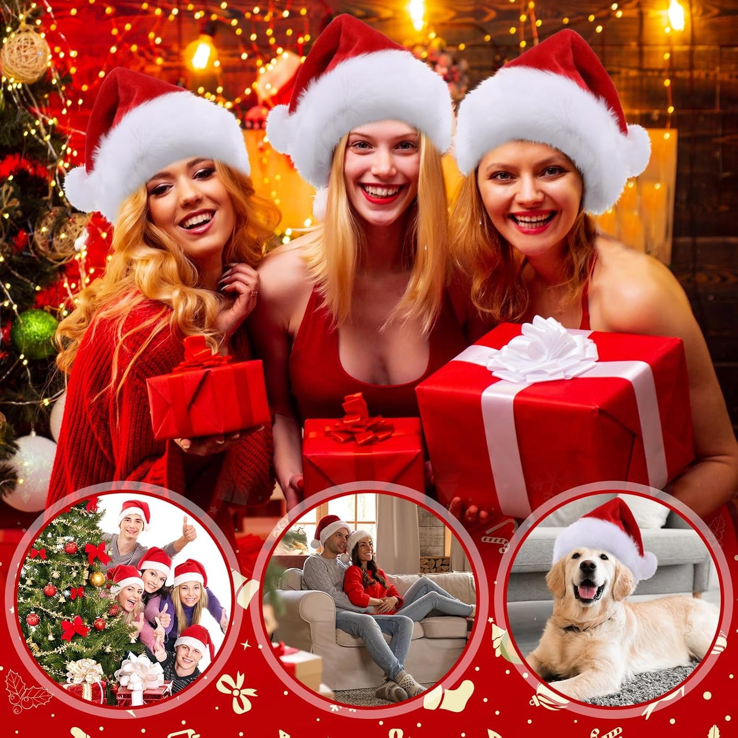 Ramede 36 Pcs Christmas Hats Adult Red/Green/Blue Plush Santa Hats Bulk for Women Men Christmas Xmas Holiday Costume