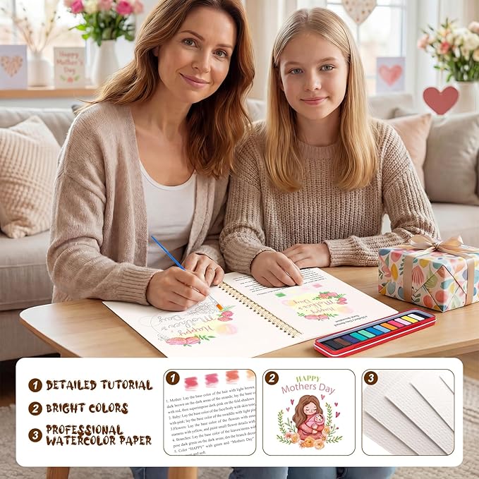 Kivzex Mother's Day Watercolor Workbook for Adults, Beginner Friendly Watercolor Painting Kit Water Coloring Book, Nature-Themed Practice Art Gift Water Color Paint Book with Palette and Brush