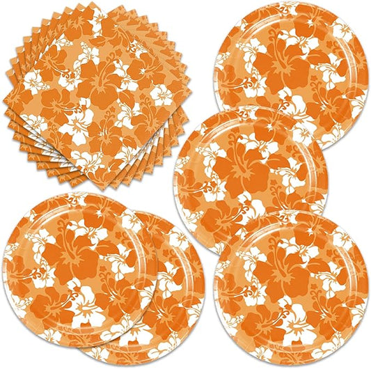 Orange Hawaiian Hibiscus Flowers Party Decorations for Kids Tropical Party Decorations 40PCS Hawaiian Flower Theme Party Plates and Napkins