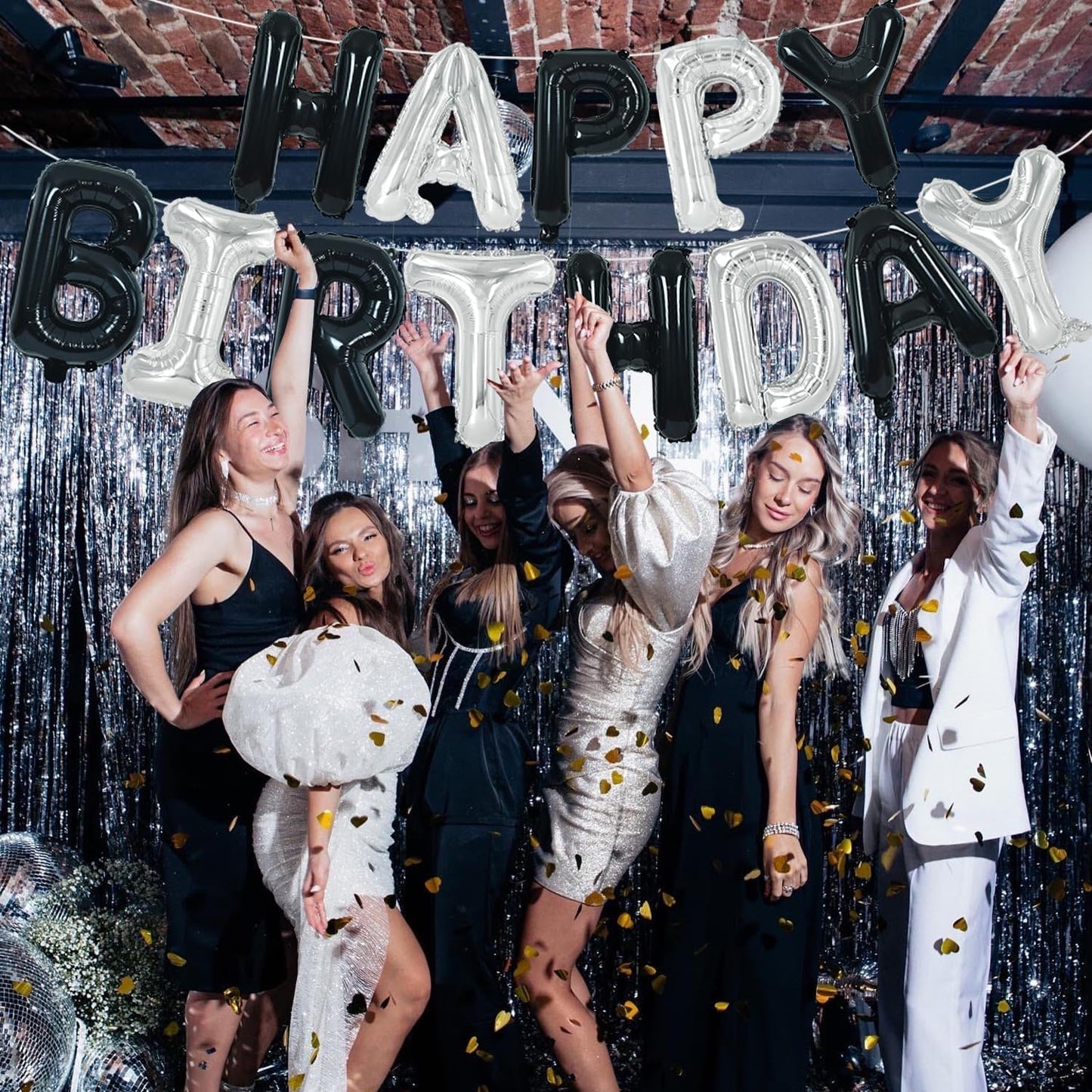 TONIFUL Happy Birthday Balloons Banner with Ribbon Straw, 16 Inch Mylar Letters Birthday Sign Banner Balloon Bunting Reusable for Girls Boys Kids & Adults Birthday Halloween Supplies（Black Silver）