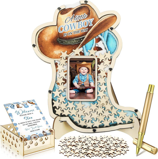 Wenqik 63 Pcs Cowboy Boot Baby Shower Guest Book Alternatives Set Baby Shower Decorations with Photo Frame Sonogram Frame Keepsake 60 Wood Slices Guest Book for Birthday