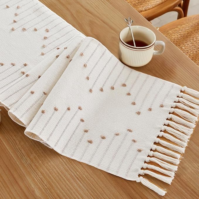 Wracra Boho Table Runner, Natural Cotton Woven Macrame Table Runners 60 Inches Long for Modern Farmhouse Woven Home Decor, 14x60 Inch, Taupe