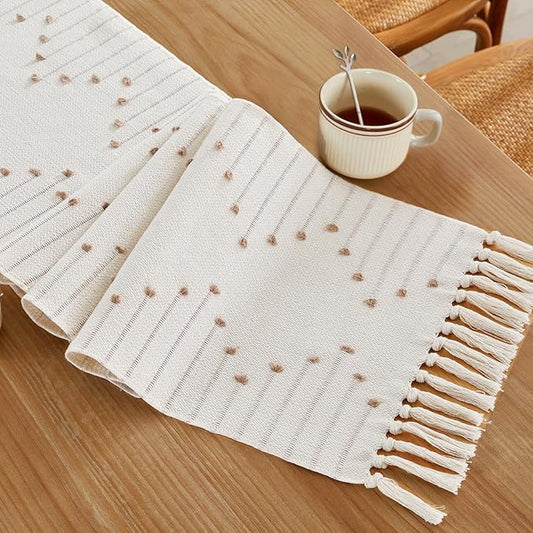 Wracra Boho Table Runner, Natural Cotton Woven Macrame Table Runners 60 Inches Long for Modern Farmhouse Woven Home Decor, 14x60 Inch, Taupe