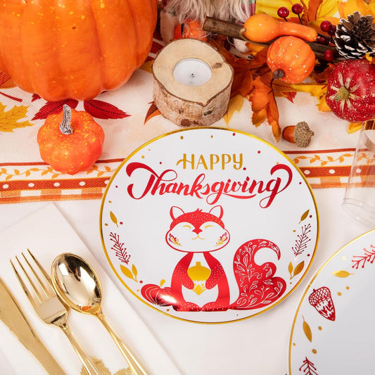 Hioasis 175pcs Thanksgiving Plastic Plates - Gold Dinnerware Set for 25 Guests - 50 Disposable Plates with Red Squirrel, 75 Gold Plastic Silverware, 25 Cups, 25 Napkins for Thanksgiving Party