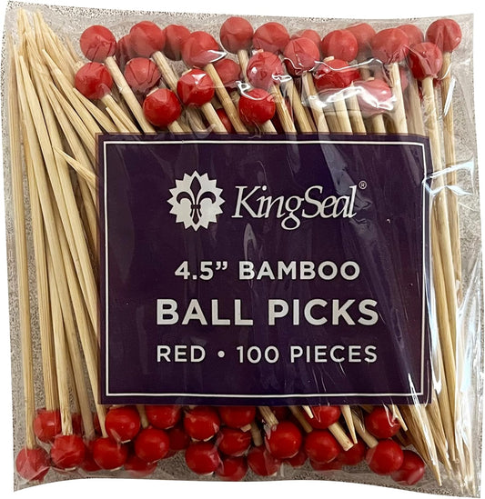 500 Count | KingSeal Bamboo Specialty Cocktail Party Picks, 4.5 Inches, Red Ball Head, Perfect for Appetizers and Cocktails, Bulk Pack - 5 Packs of 100